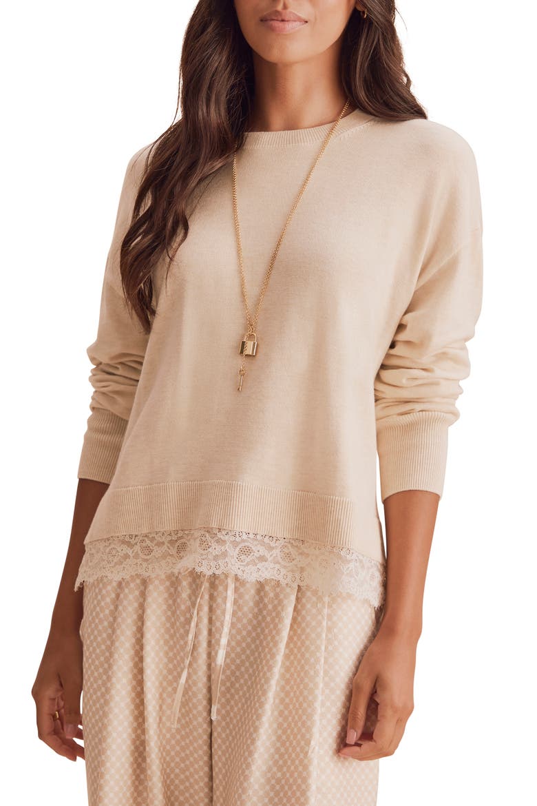 Georgie Lace Trim Sweater, Main, color, WHEAT BEIGE HEATHER