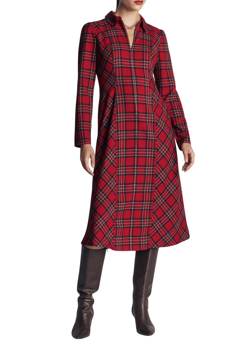 Una Plaid Long Sleeve Stretch Half Zip Midi Dress, Main, color, RED, BLUE AND GREEN CHECK