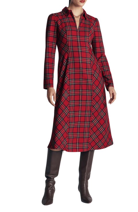 Una Plaid Long Sleeve Stretch Half Zip Midi Dress