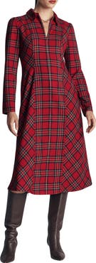 Boden Una Plaid Long Sleeve Stretch Half Zip Midi Dress