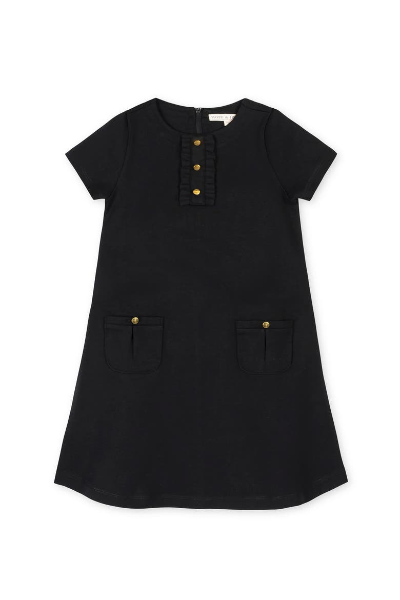 Kids' Ponte A-Line Ruffle Placket Dress, Main, color, Black