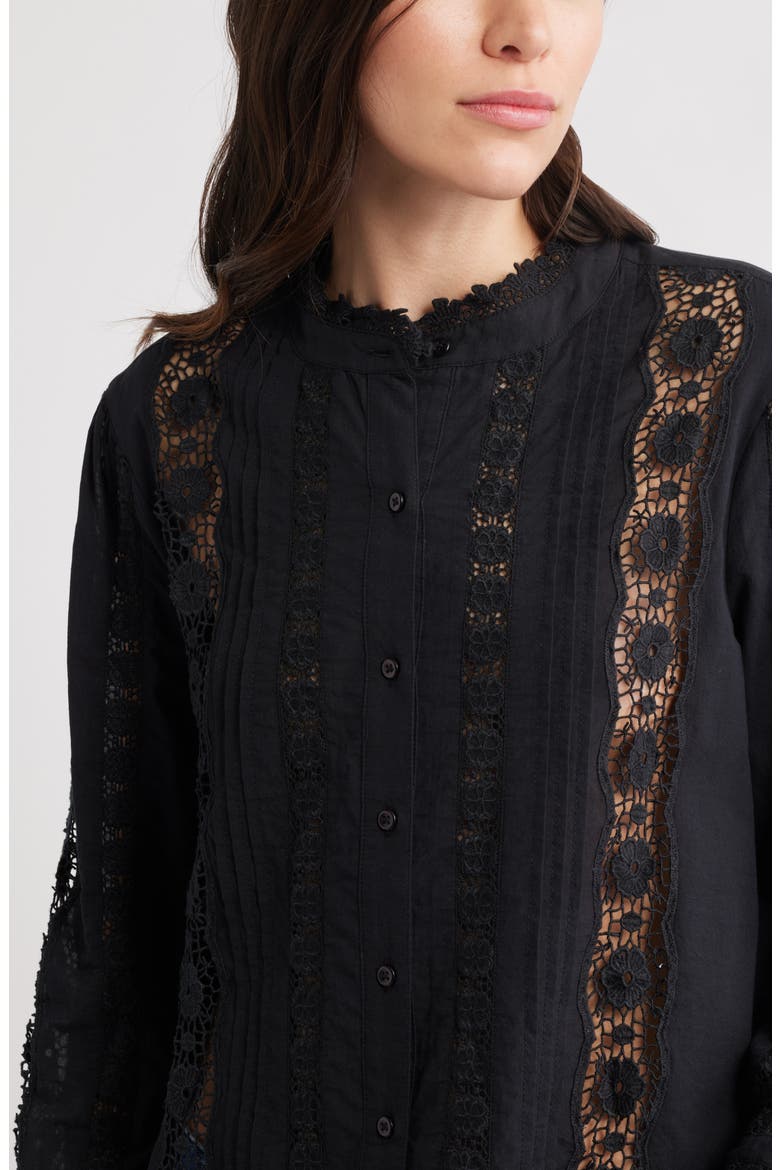 Pretty Lace Panel Button-Up Shirt, Alternate, color, BLACK