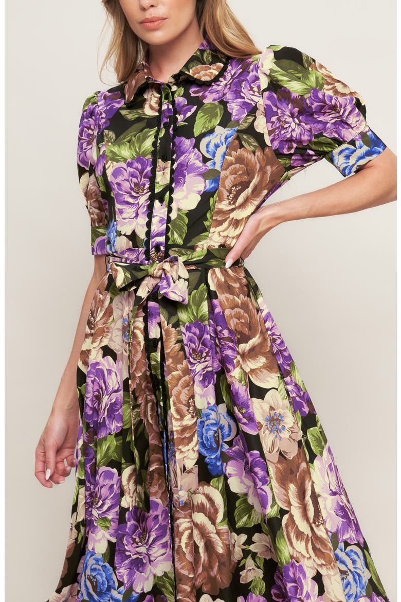 Floral Button Front Midi Dress, Alternate, color, BLACK