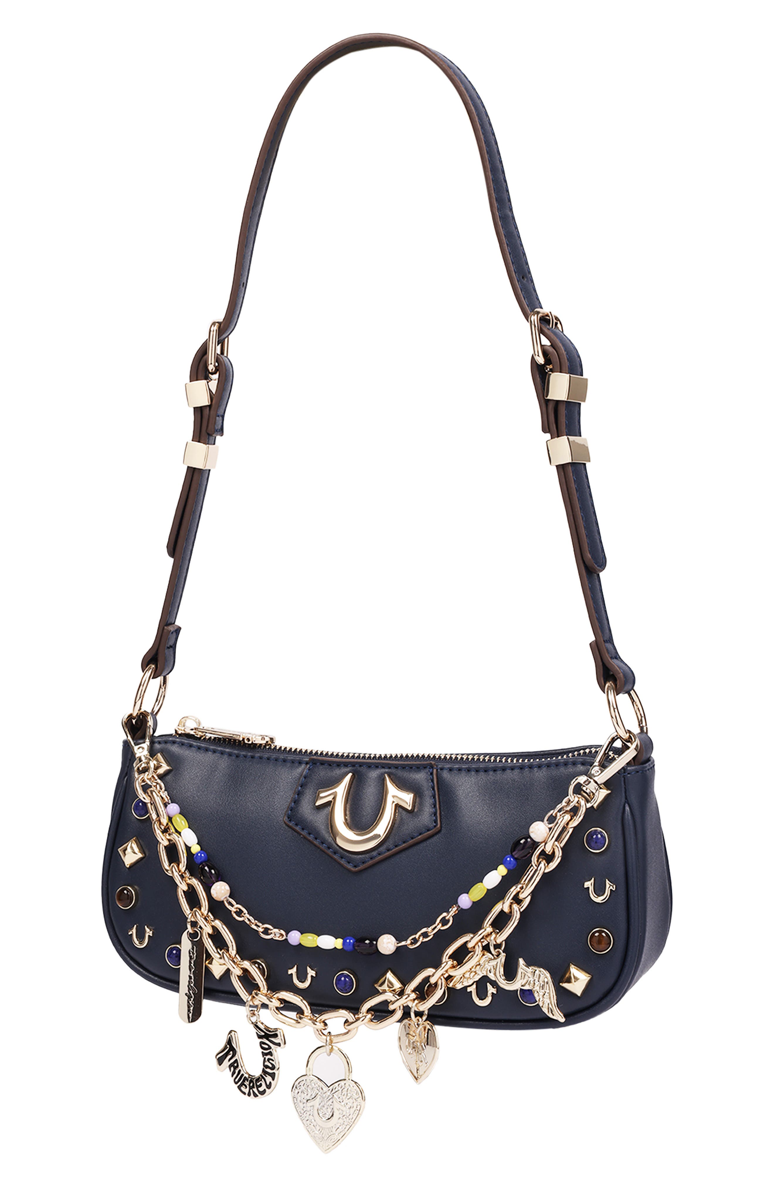 Studded Chain Faux Leather Shoulder Bag, Alternate, color, NAVY