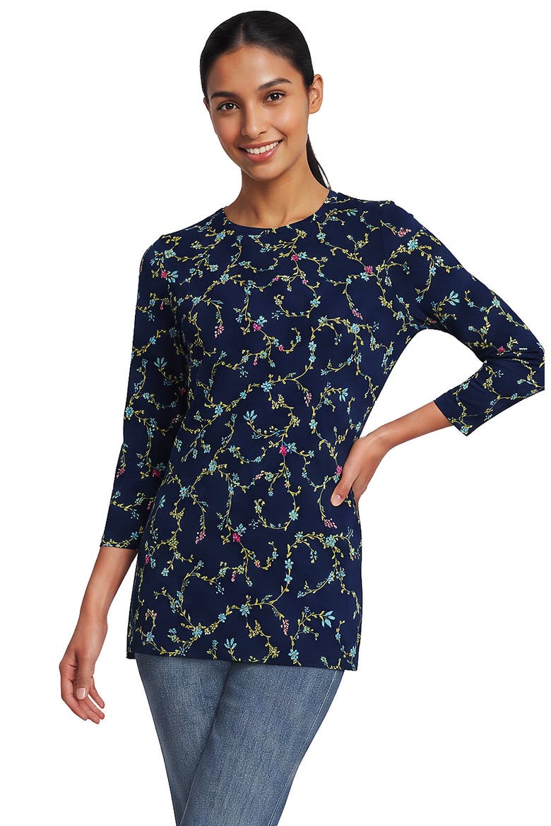3/4 Sleeve Cotton Supima Tunic, Main, color, Deep Sea Multi Floral Vine