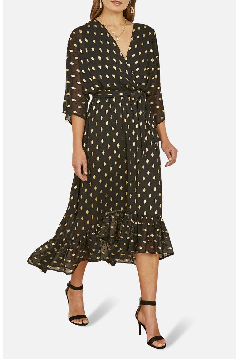Foil Print Wrap Over Dress, Alternate, color, Black