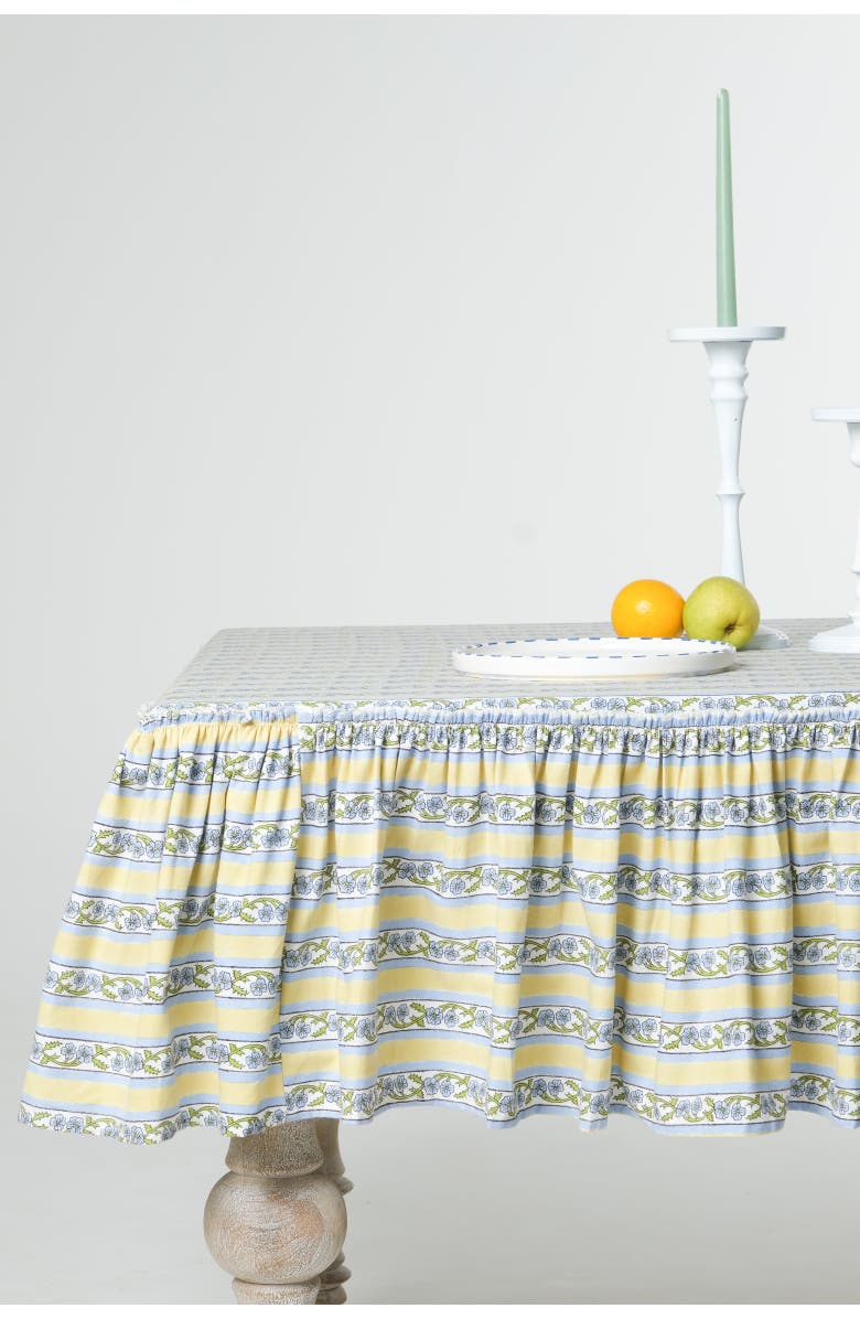 Inner Child Provence Ruffled Blockprint Tablecloth in Butter Yellow, Main, color, Butter Yellow - 60X90
