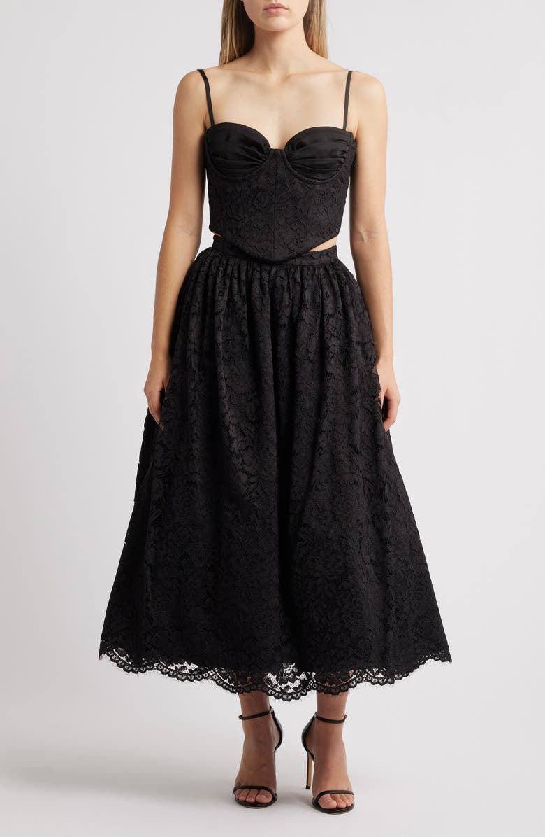 HOUSE OF CB Duchess Corset Lace Fit & Flare Midi Dress with Bolero, Alternate, color, Black