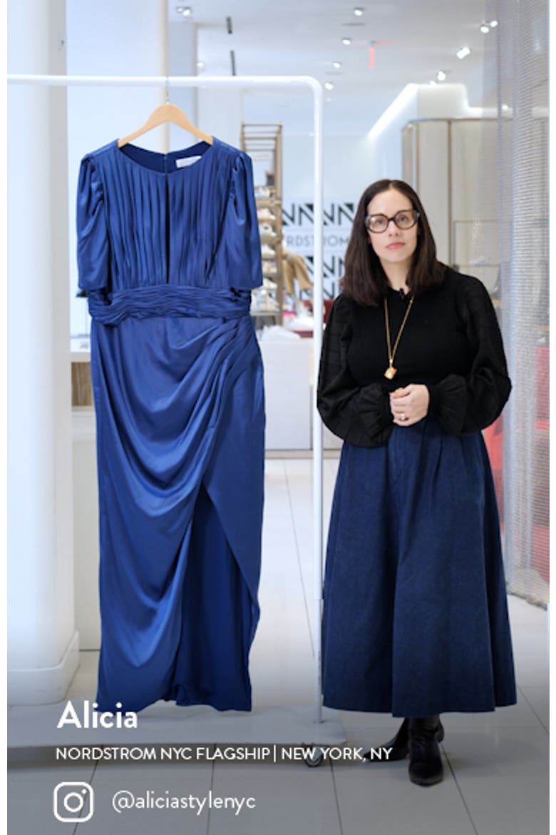 Pleated Charmeuse Dress with Puff Sleeves and Draped Waist video