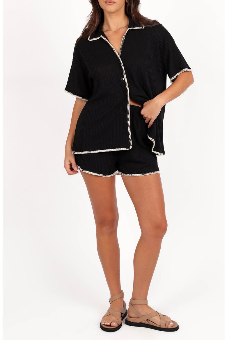 Essen Knit Button-Up Shirt & Pull-On Shorts Set, Main, color, BLACK CREAM