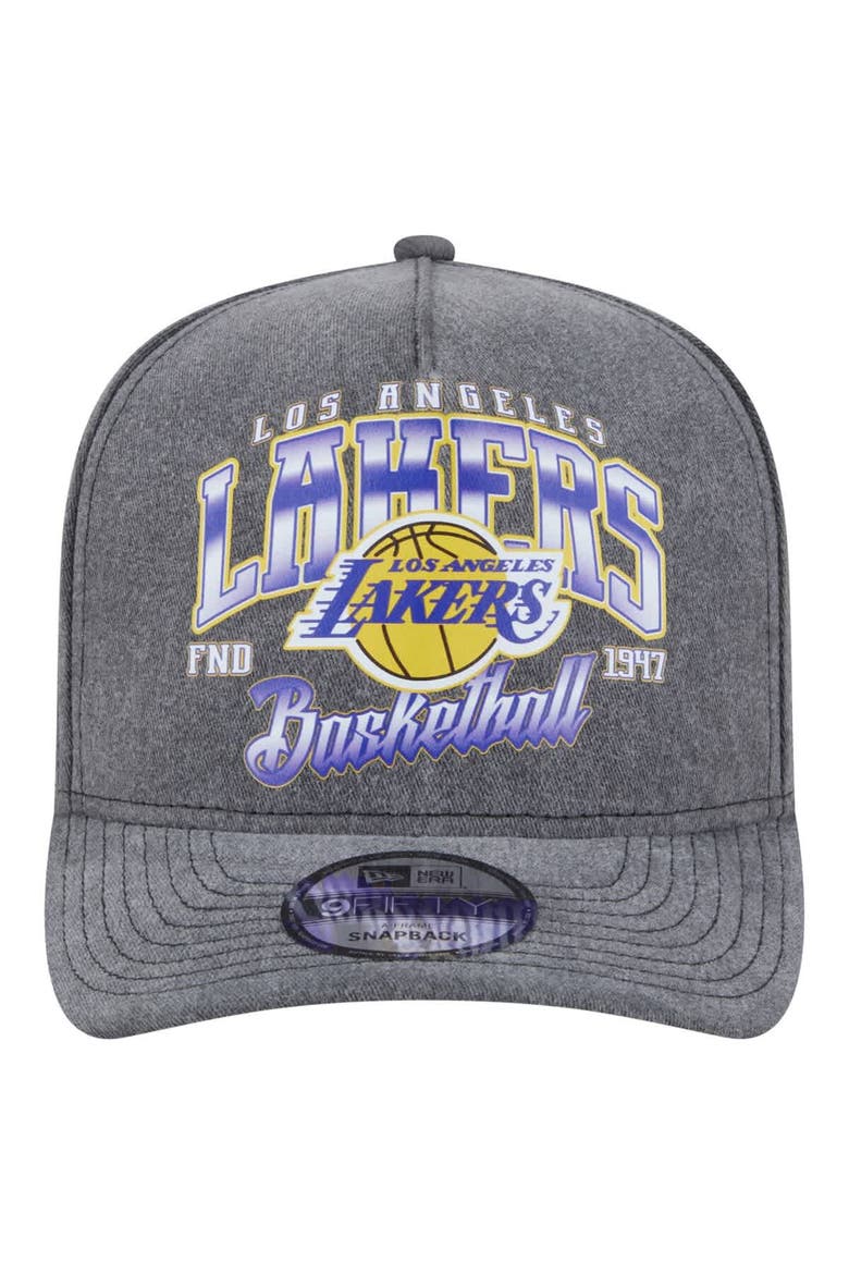 Men's New Era  Charcoal Los Angeles Lakers Throwback Washed Pre-Curved 9FIFTY Snapback Hat, Alternate, color, Charcoal