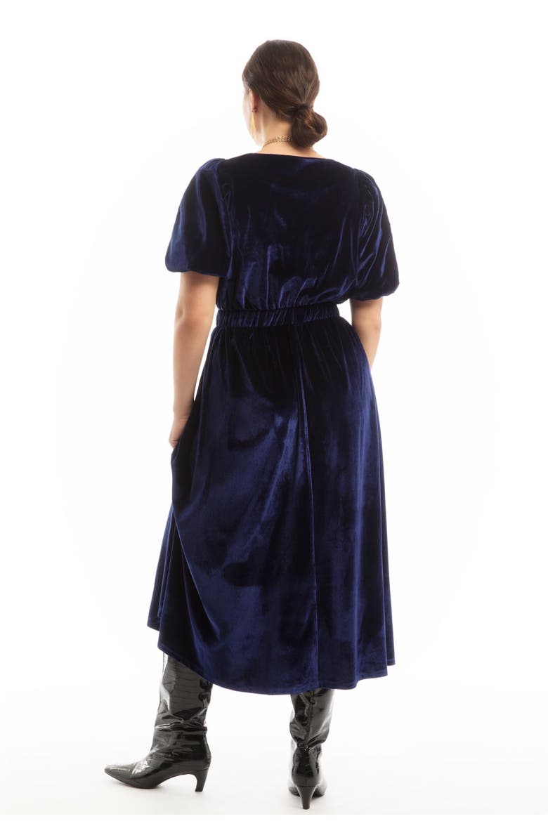 June + Vie Puff Sleeve Stretch-Velvet Midi Dress, Alternate, color, Inkling