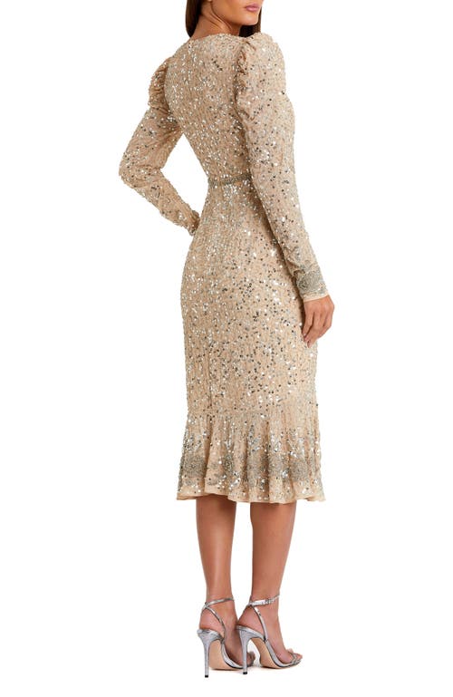 Mac Duggal Sequin Gown With Embellished Hemlin And Belt In Nude Silver