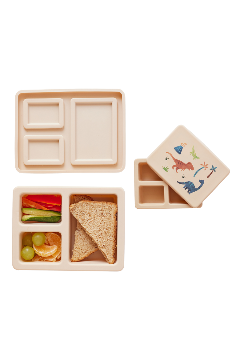 Silicone Mini Bento Box and Foldable Placemat, Alternate, color, Dinosaur Warm Cream
