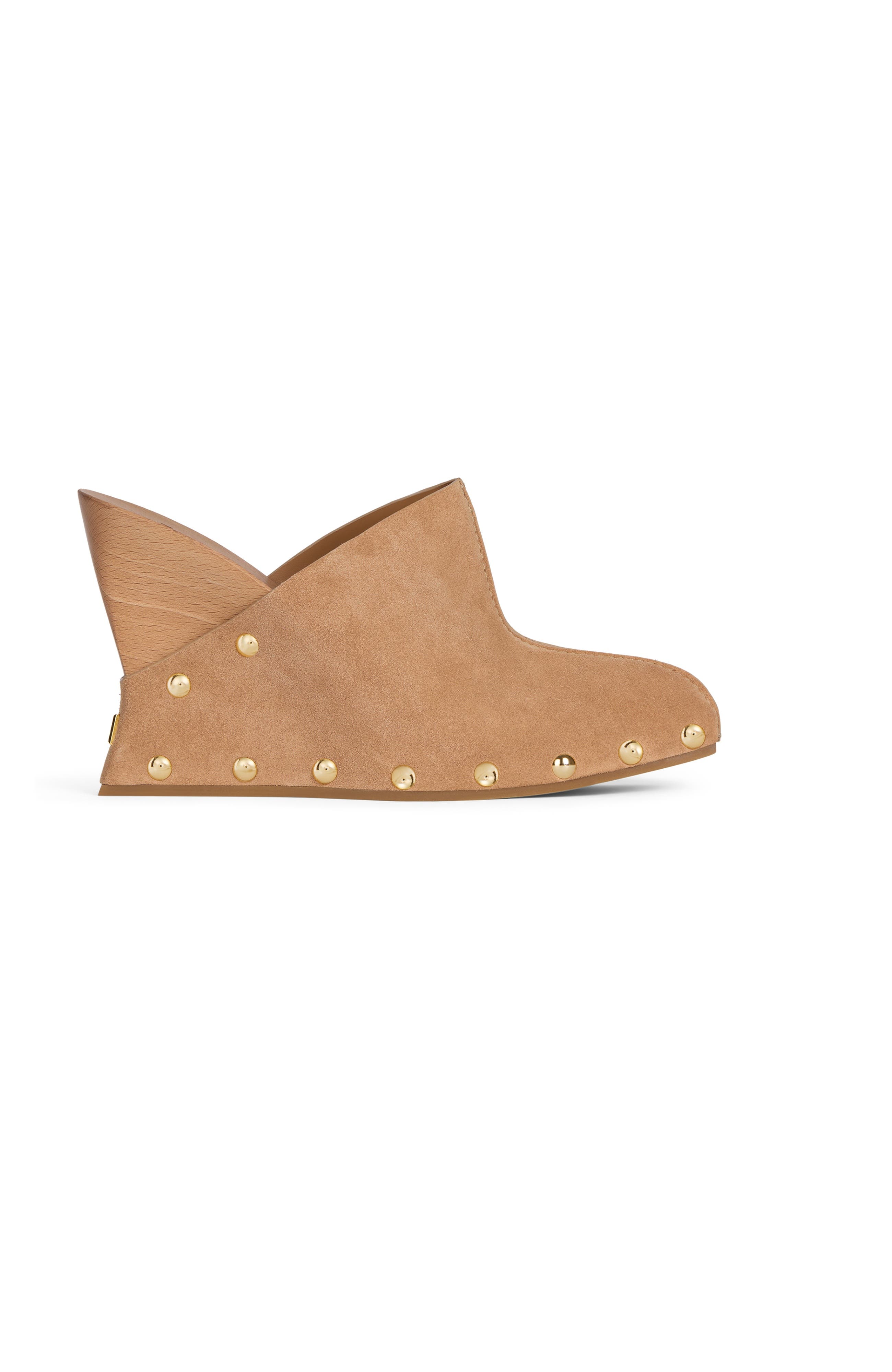 Balmain Wedge clogs in wood and suede, Alternate, color, Beige