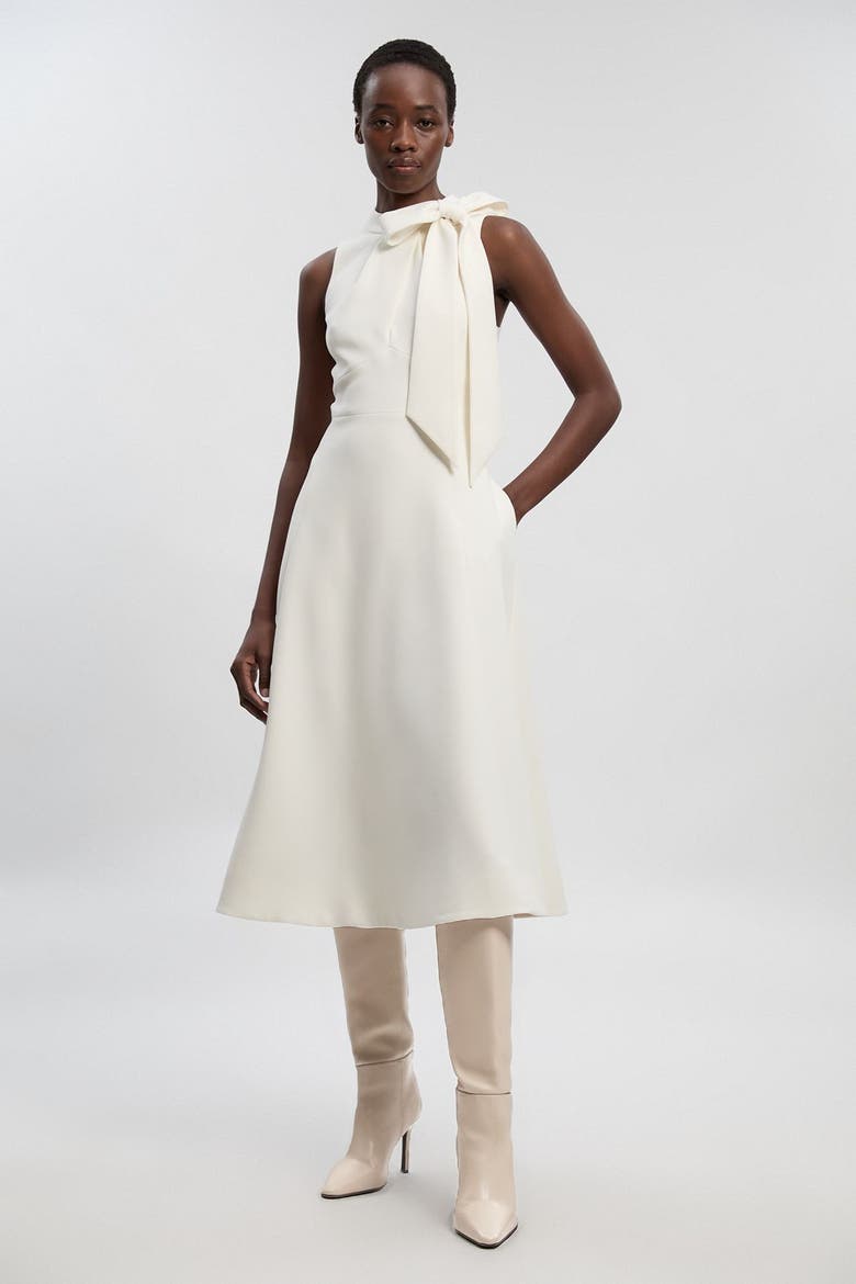Bow Neck Midi Dress, Main, color, Ivory