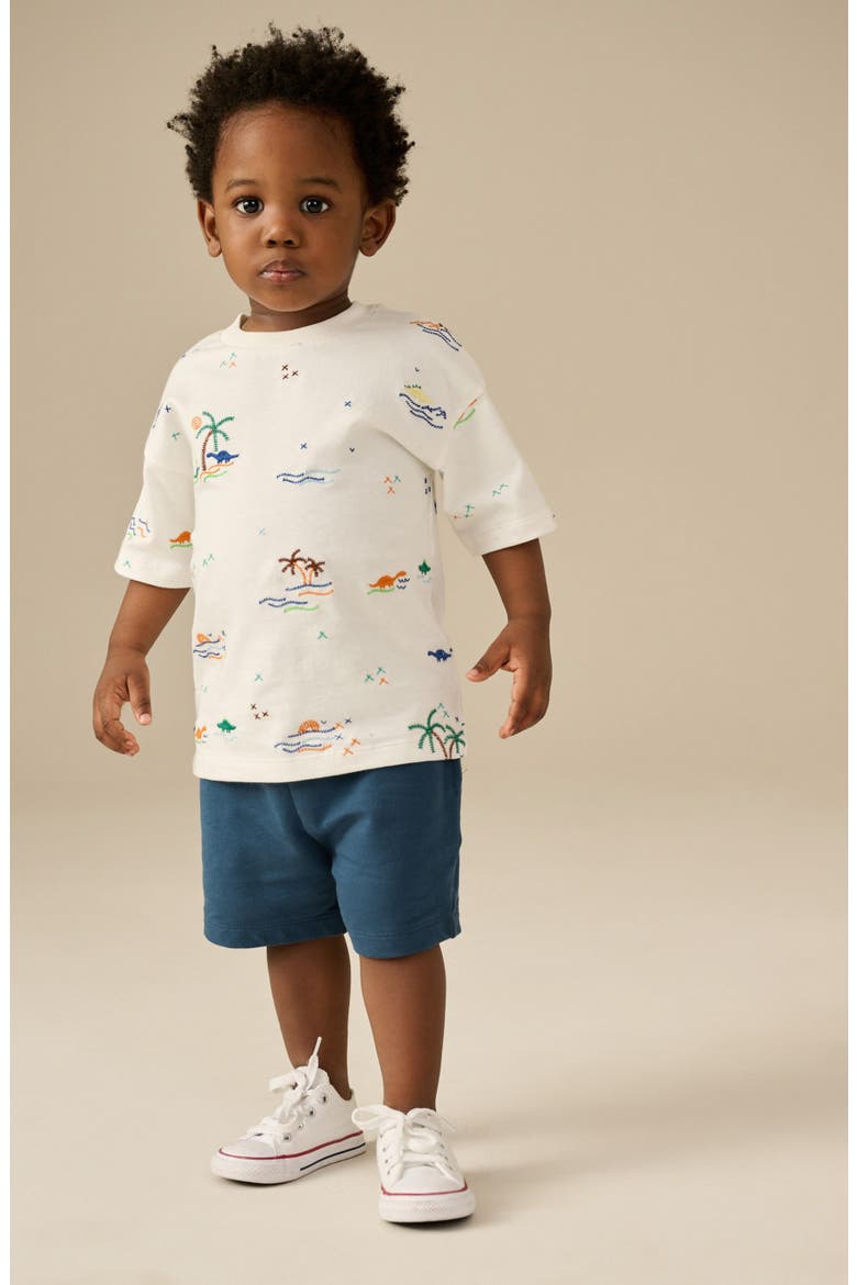 Kids' Dinosaur Embroidered Cotton T-Shirt, Alternate, color, WHITE