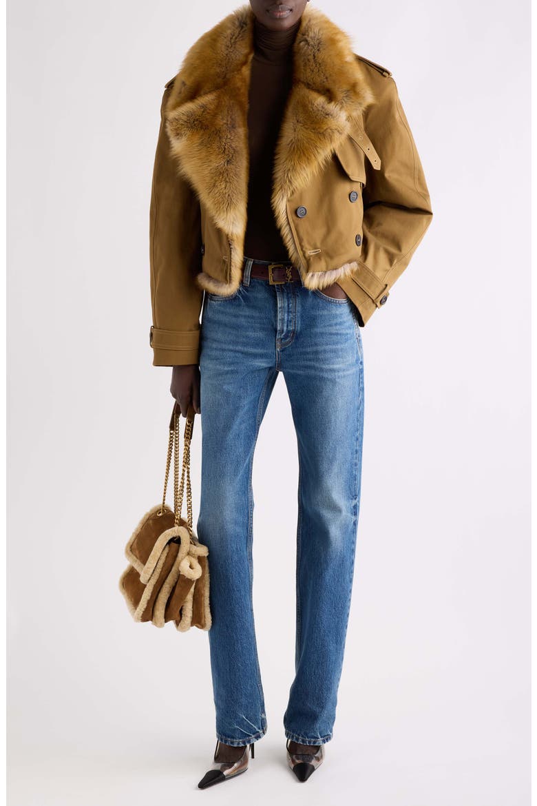 Genuine Lamb Fur Trim Cropped Cotton Coat, Alternate, color, MARRON/ CHAMOIS/ GRIS/ ORANGE
