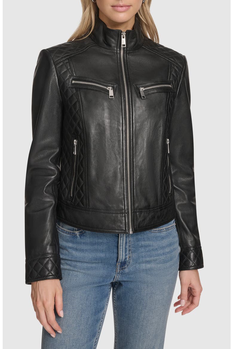 Mikel Racer Leather Jacket, Main, color, BLACK