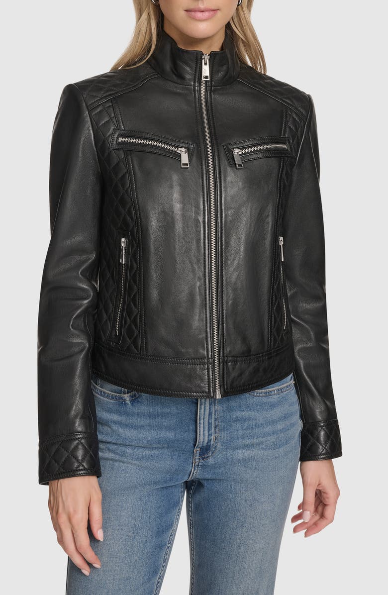 Andrew Marc Mikel Racer Leather Jacket, Main, color, Black