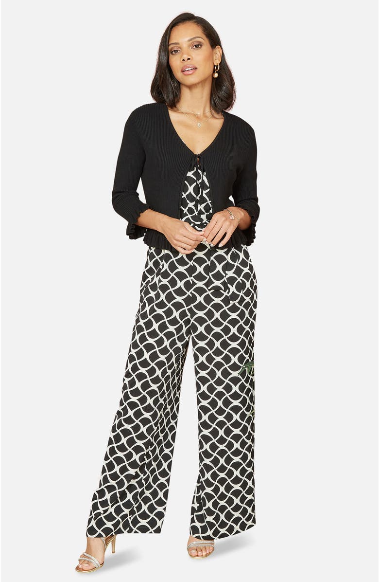 Yumi Tie Front Frilled Hem Ribbed Cardigan, Alternate, color, Black