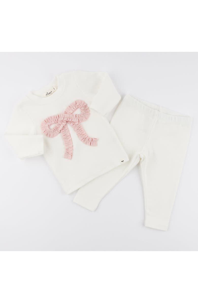 oh baby! Ruffle Knit Baby Pink Bow Applique Long Sleeve Two Piece Set, Alternate, color, 