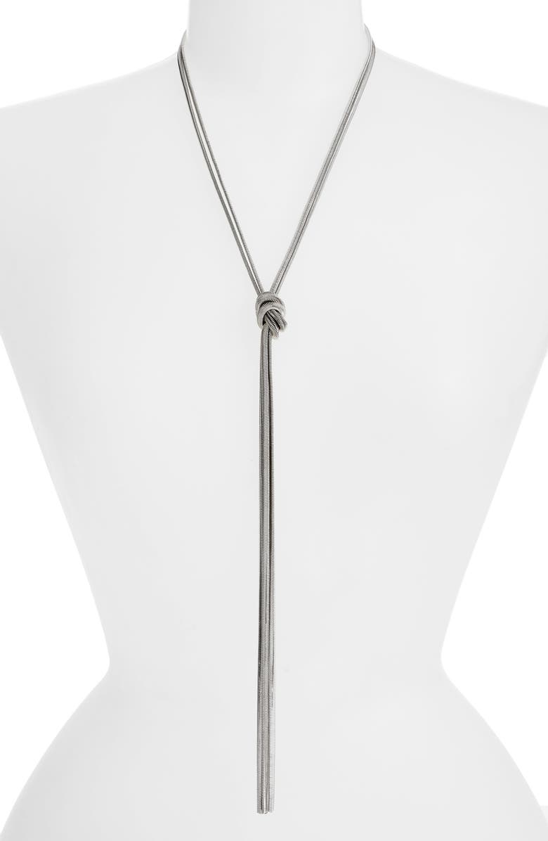 Something Navy Exaggerated Lariat Necklace, Main, color, Rhodium