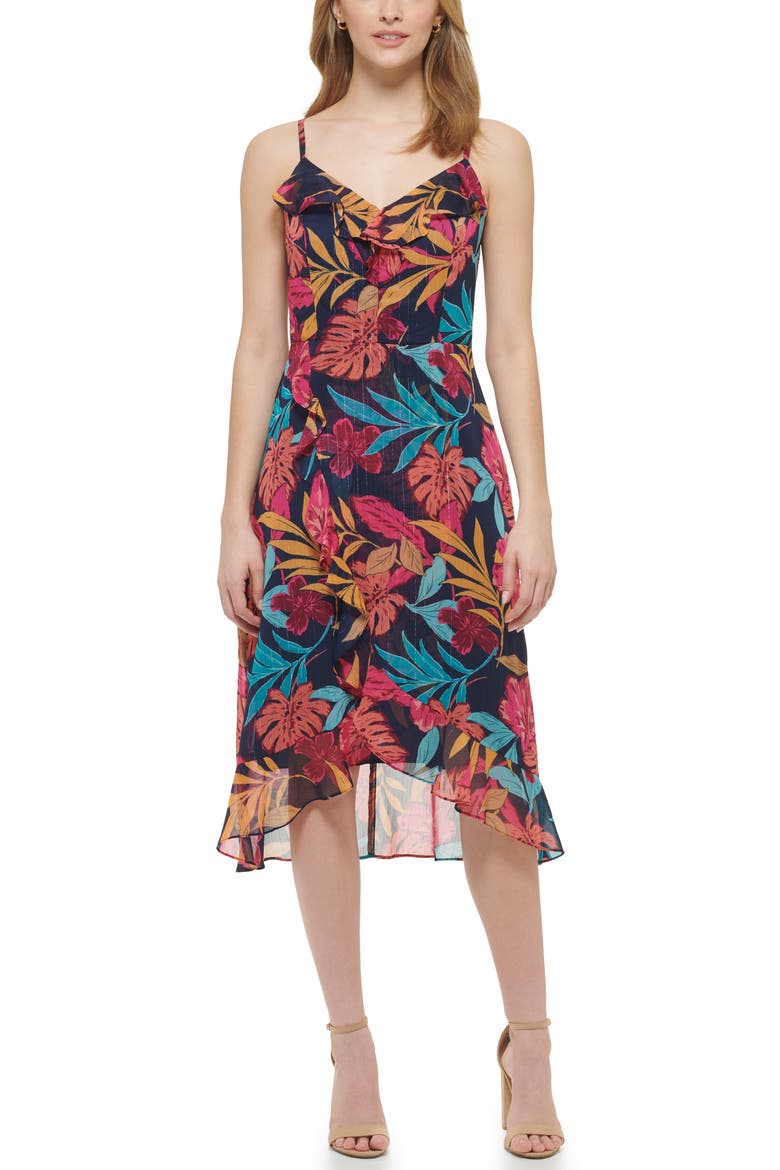 Tropical Print Ruffle Chiffon Midi Dress, Alternate, color, NAVY MULTI