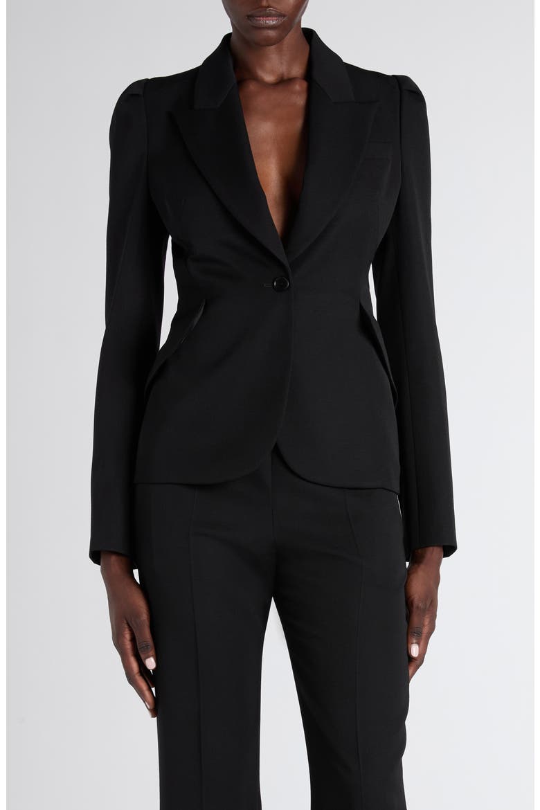 Puff Shoulder Wool Grain de Poudre Blazer, Main, color, BLACK