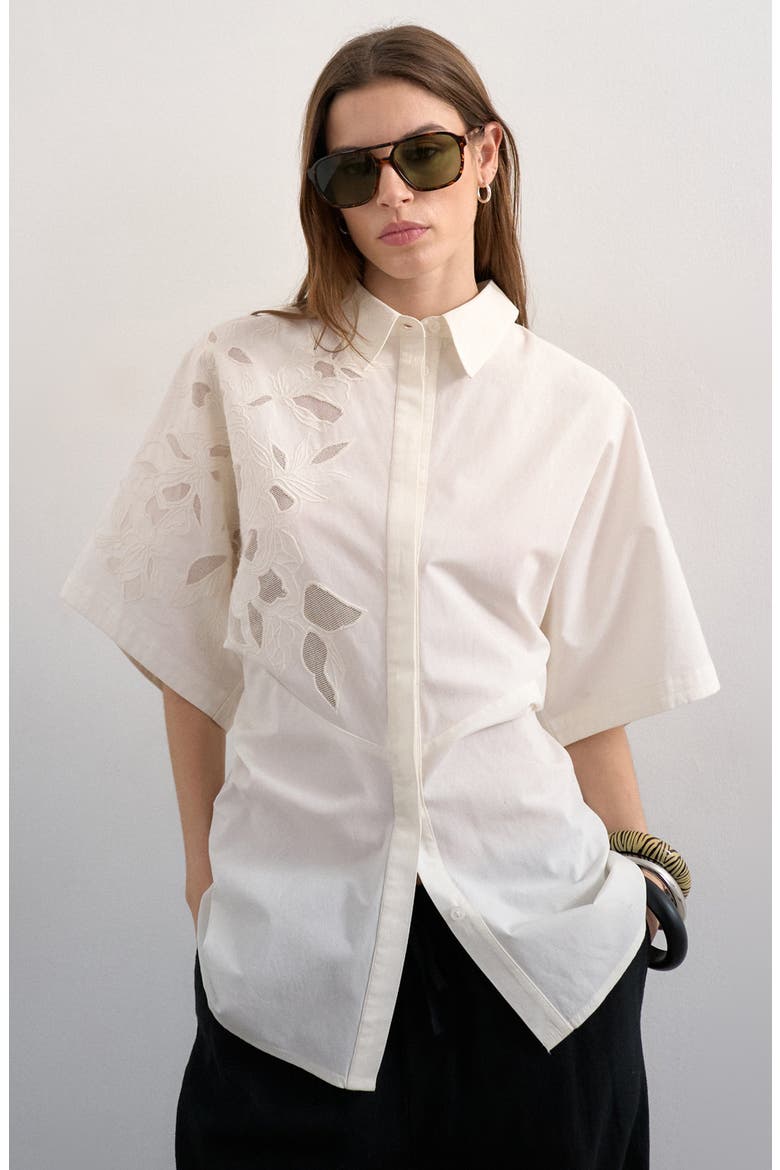 Oversized Floral Cutwork Button-Up Top, Main, color, WHITE