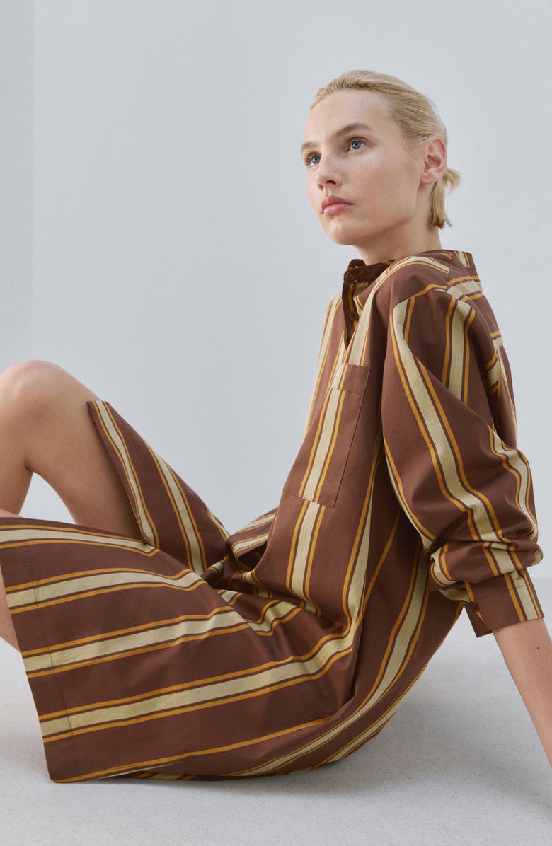 MANGO Stripe Long Sleeve Cotton Nightgown, Alternate, color, Brown