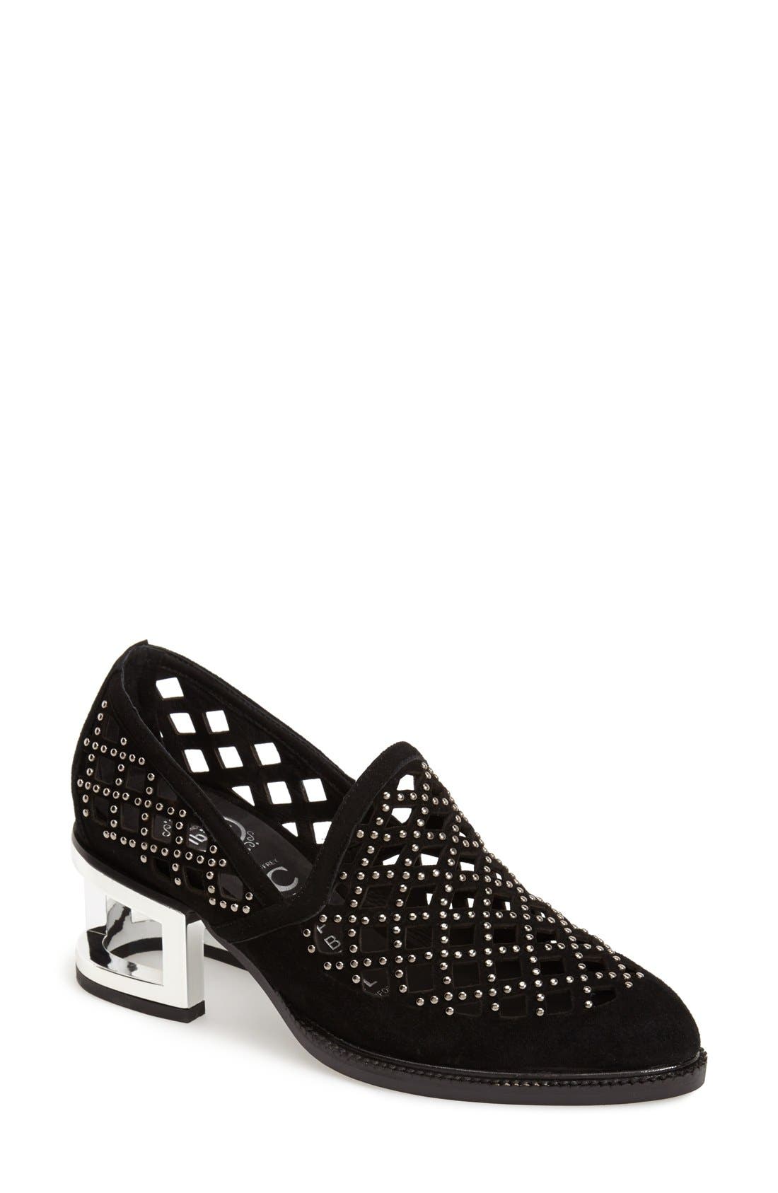 'Serlin' Studded Laser Cut Suede Loafer, Main, color, BLACK/ SILVER