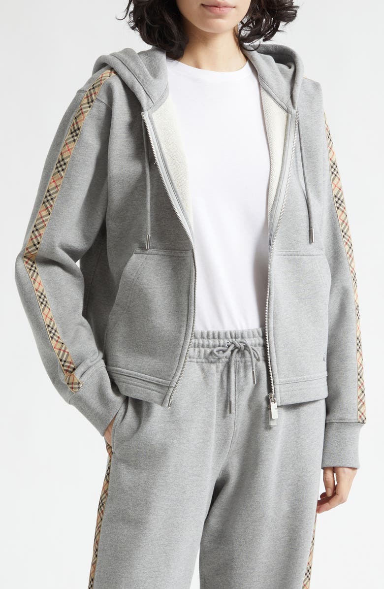 Burberry Harper Check Tape French Terry Full Zip Hoodie, Main, color, Pale Grey Melange