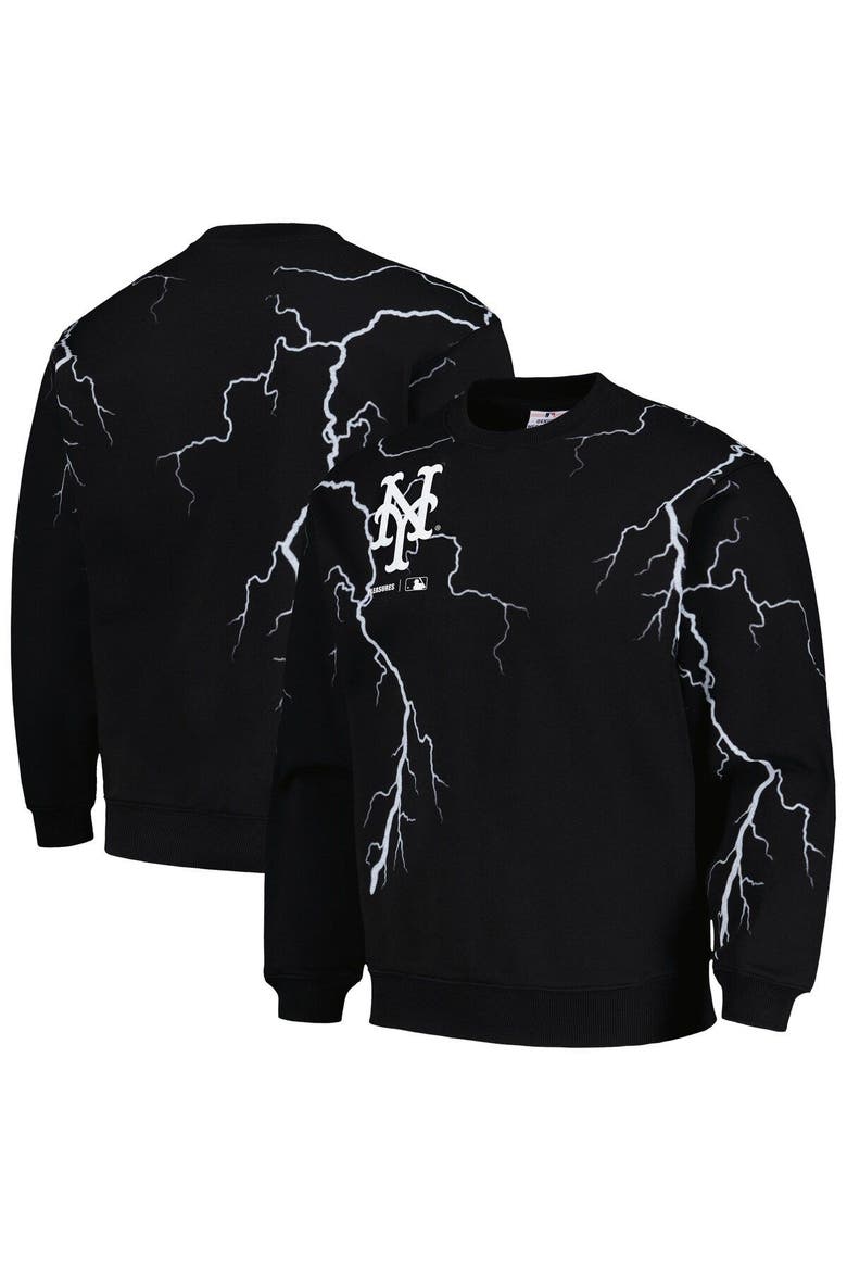 Men's PLEASURES  Black New York Mets Lightning Crewneck Pullover Sweatshirt, Main, color, Black