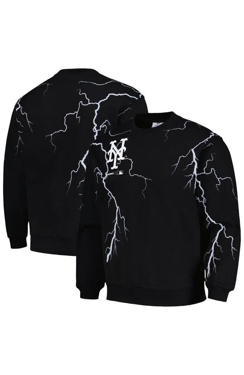 PLEASURES Men's PLEASURES  Black New York Mets Lightning Crewneck Pullover Sweatshirt, Main, color, 