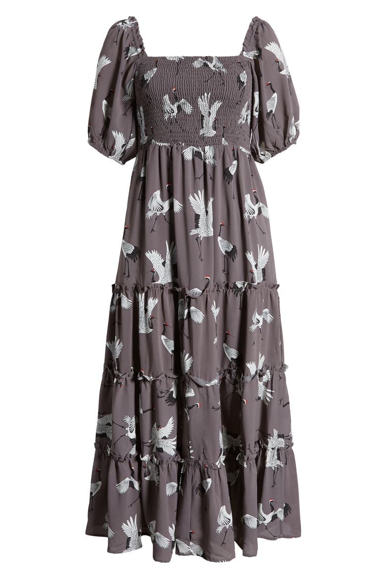 Crane Print Smocked Dress, Alternate, color, GREY CRANE