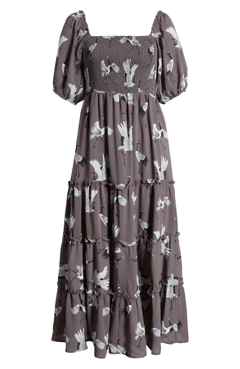 Dressed in Lala Crane Print Smocked Dress, Alternate, color, Grey Crane