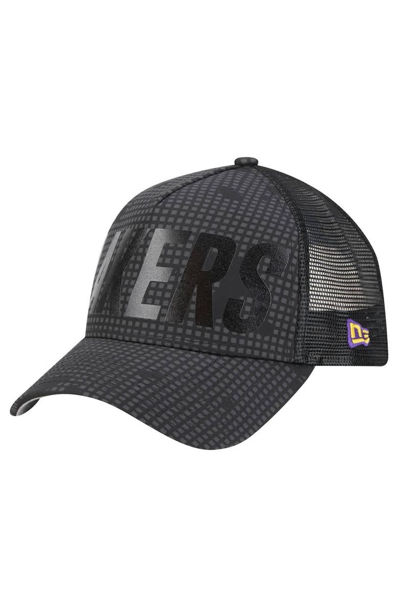 New Era Men's New Era Black Los Angeles Lakers Midnight Ink Tonal A-Frame Trucker 9FORTY Adjustable Hat, Alternate, color, Black