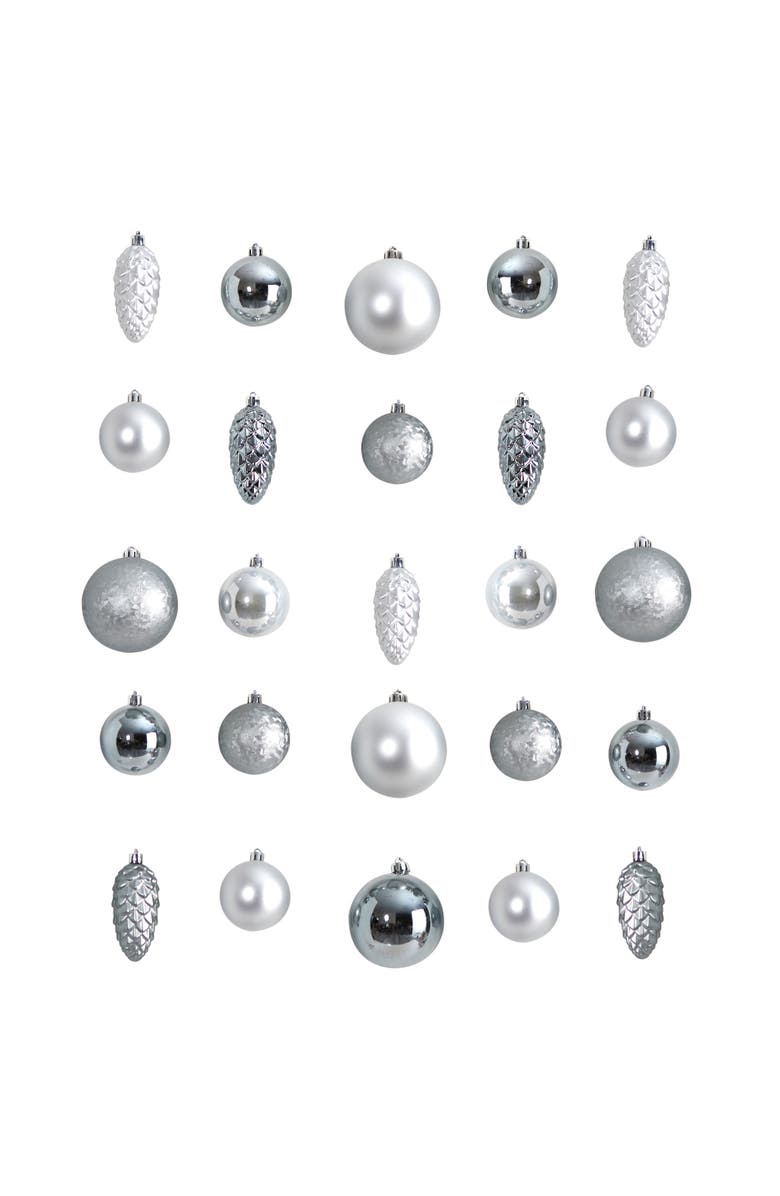 NEARLY NATURAL Holiday Christmas 23 Count 4-in Lux Shatterproof Ornament Set with Re-Usable Storage Container, Main, color, Silver