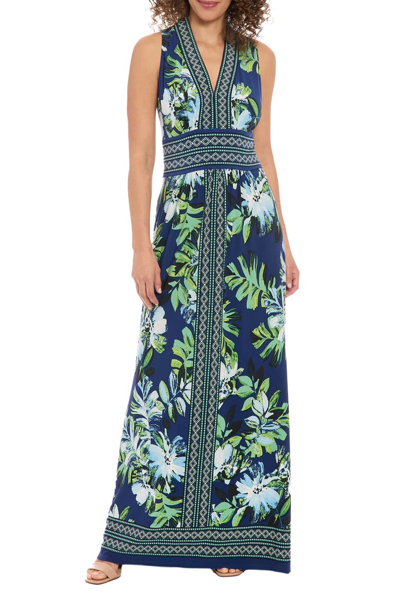 Floral V-Neck Sleeveless Maxi Dress, Main, color, NAVY/ JOLLY GREEN