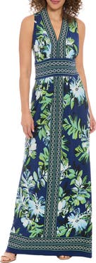 London Times Floral V-Neck Sleeveless Maxi Dress