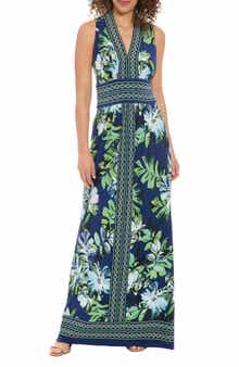 London Times Floral V-Neck Sleeveless Maxi Dress