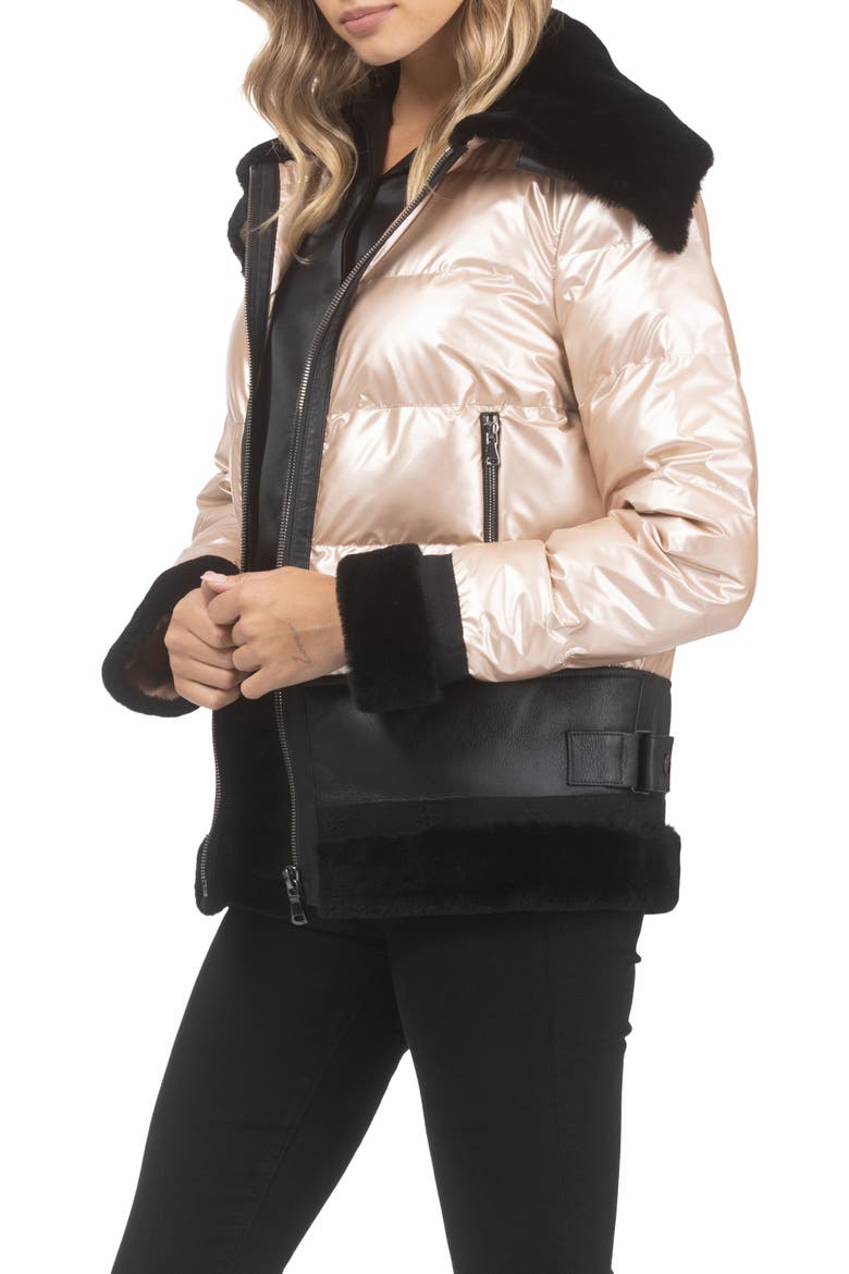 Quilted Jacket with Genuine Shearling Trim, Alternate, color, ROSE GOLD/BLACK