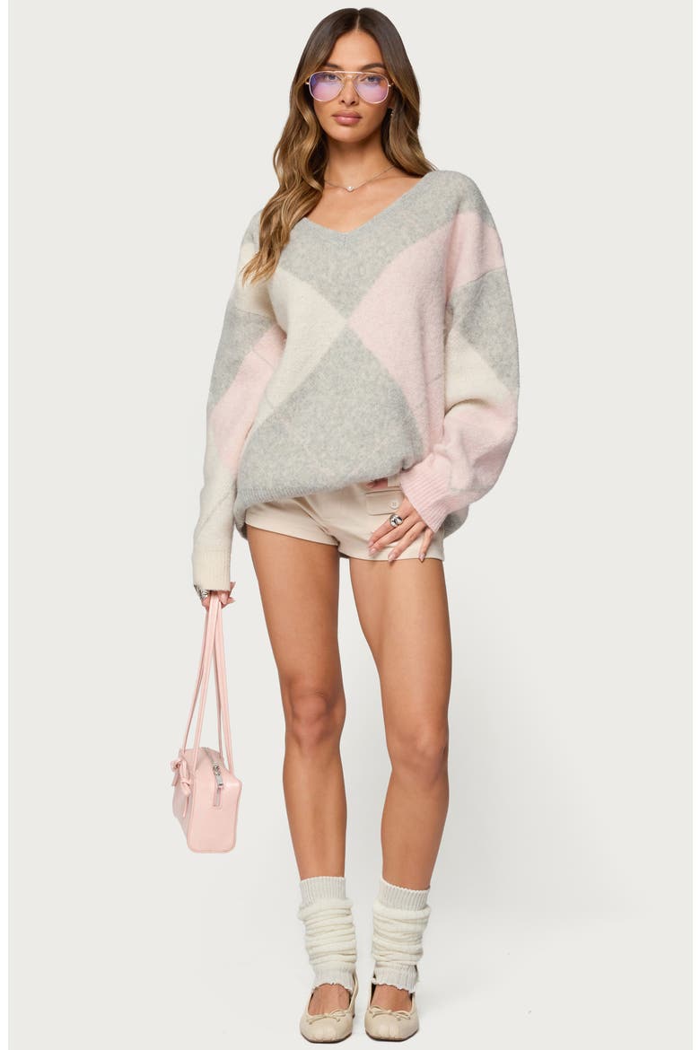 Elda Argyle Oversize Sweater, Alternate, color, LIGHT-GRAY-MELANGE