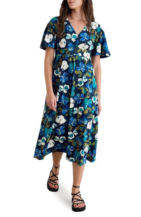 Chateaux Floral Print Organic Cotton Midi Dress