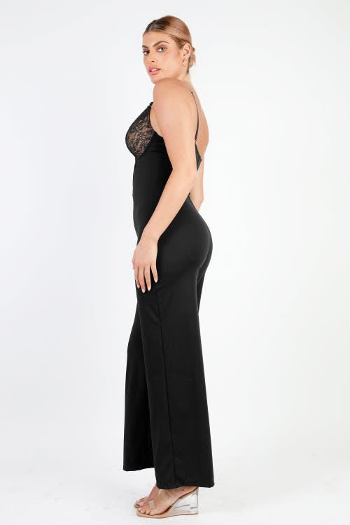 Popilush Shapewear Lace Deep V-neck Sculpting Wide Leg Jumpsuit In Midnight Black