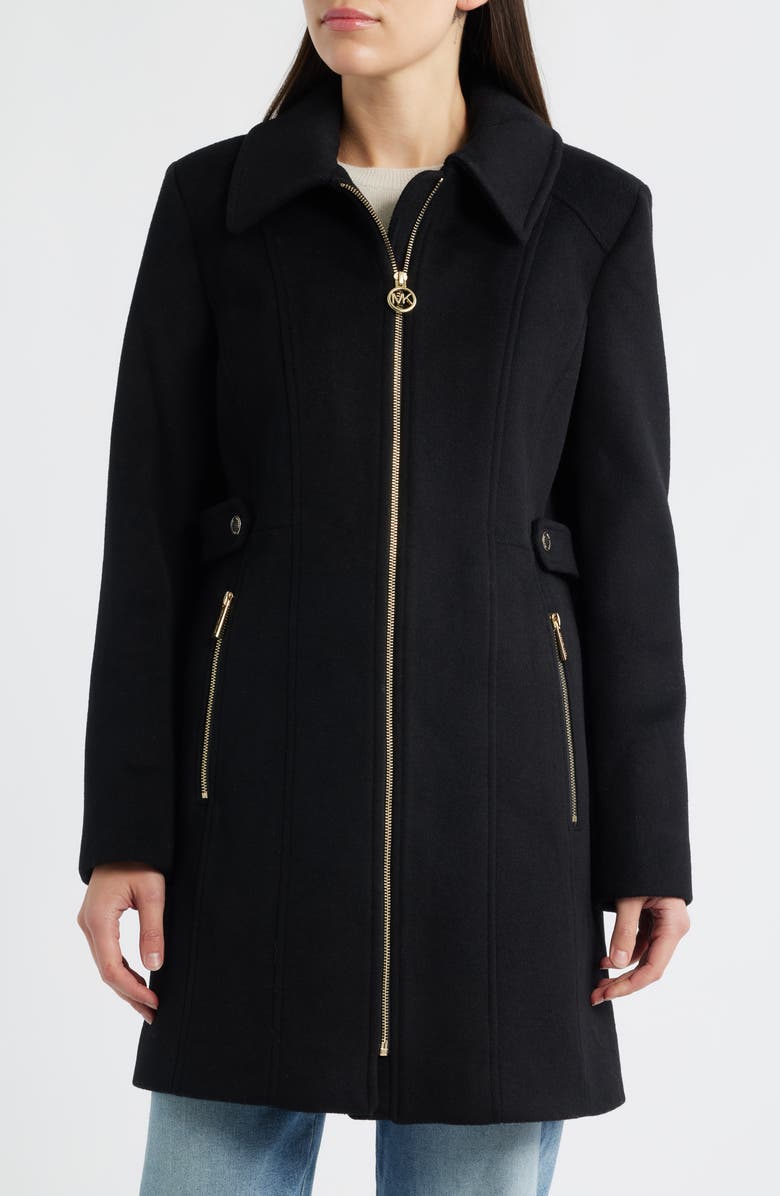 Michael Kors Front Zip Wool Blend Coat, Alternate, color, Black