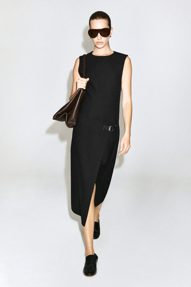 Belt-Detail Double-Faced Wool Midi Dress, Main, color, BLACK