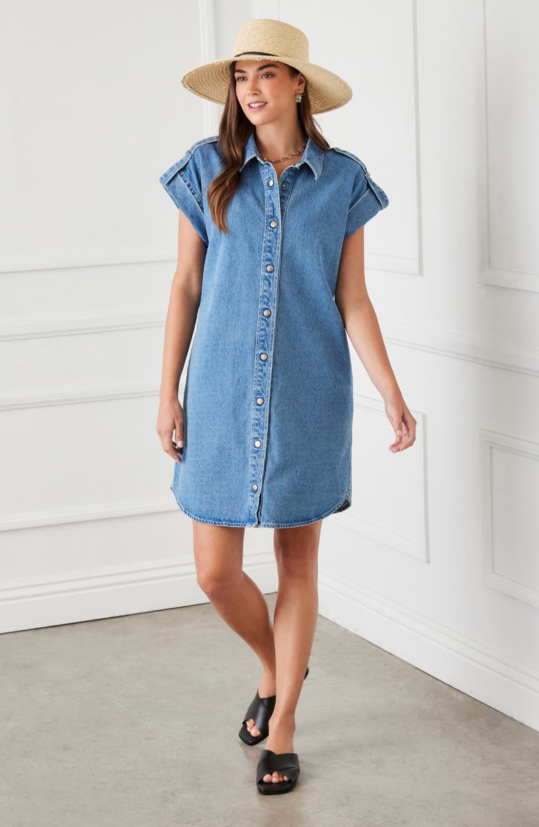 Karen Kane Cap Sleeve Denim Shirtdress, Alternate, color, Denim