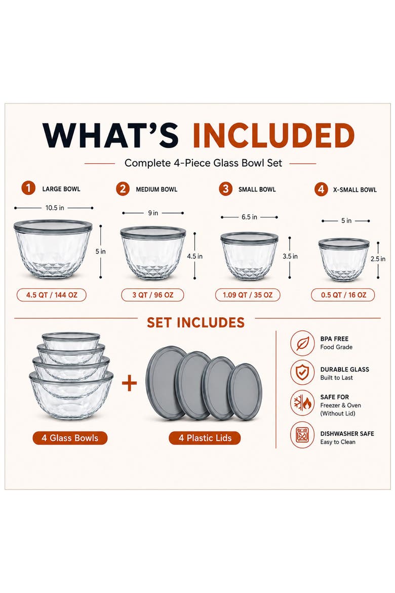 4-Piece Glass Diamond Textured Bowl Set, Alternate, color, NO COLOR